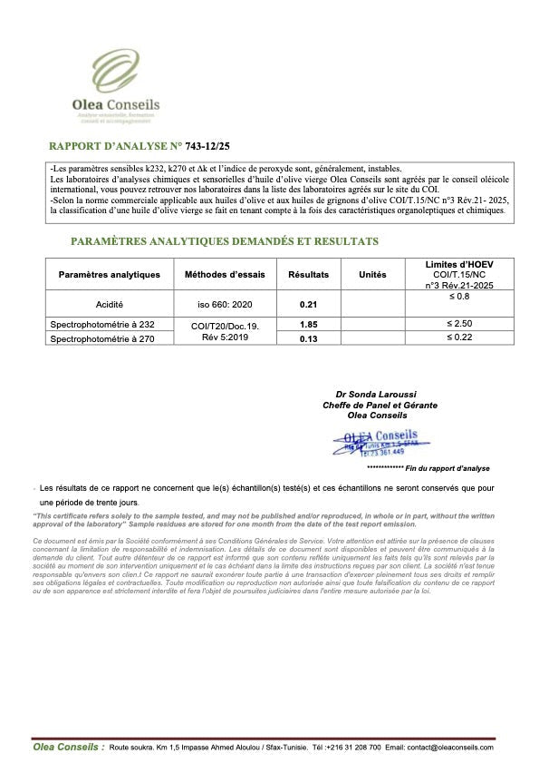 Domaine Fendri Organic Chemlali Extra Virgin Olive Oil 500ml - Artisan Olive Oil Company