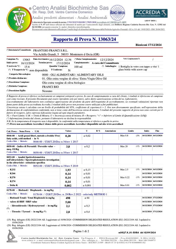 Chemical analysis for Francio bio extra virgin olive oil from 2024_2025