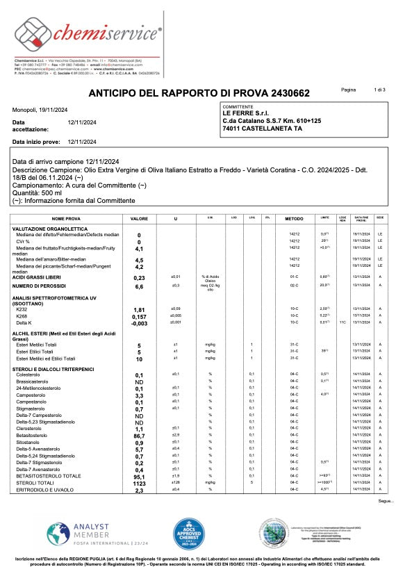 Le Ferre Coratina Extra Virgin olive oil 3 litres tin - Artisan Olive Oil Company