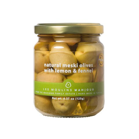 Moulins Mahjoub organic Meski green olives with lemon & fennel - Artisan Olive Oil Company