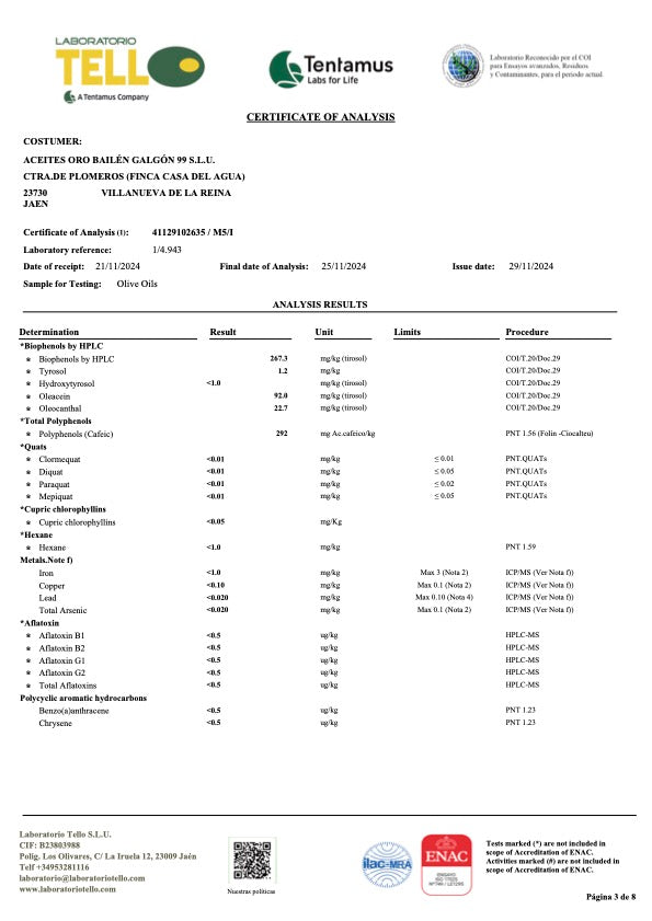 View the chemical test of oro bailen arbequina olive oil page 3