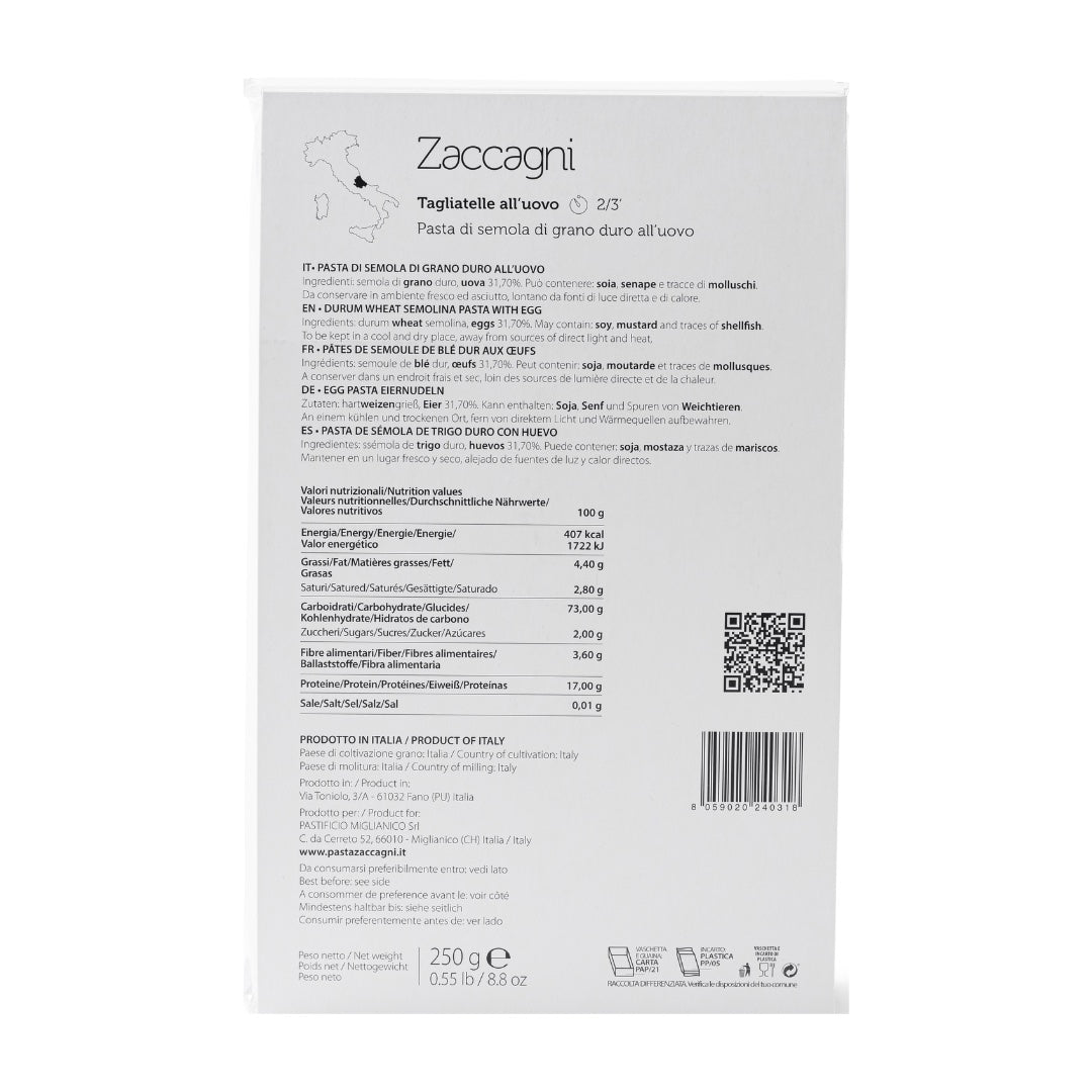 Learn more about the nutritional information of Pasta Zaccagni egg tagliatelle
