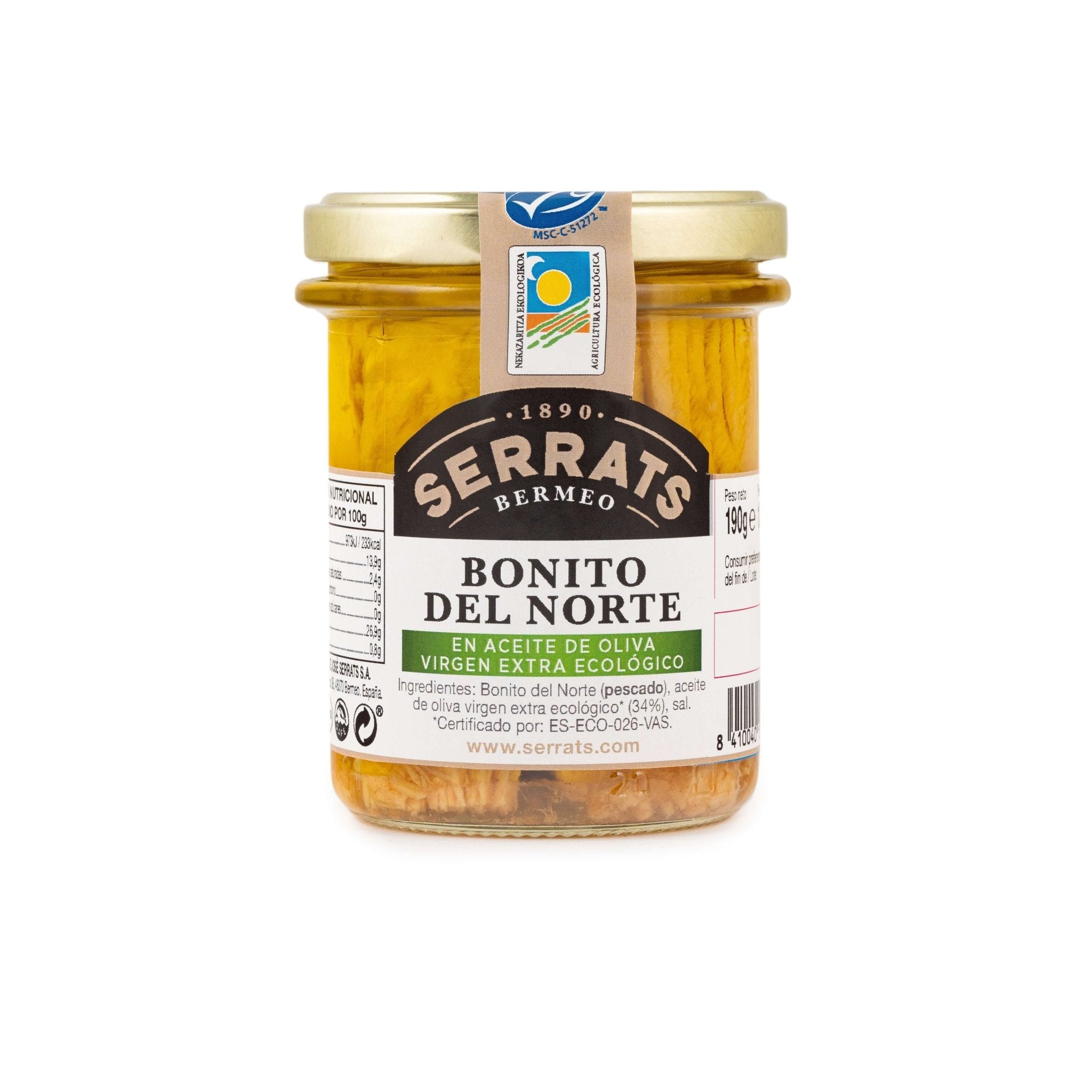 Serrats White Tuna (Bonito del Norte or Albacore) MSC in Organic Olive Oil 190g glass jar - Artisan Olive Oil Company