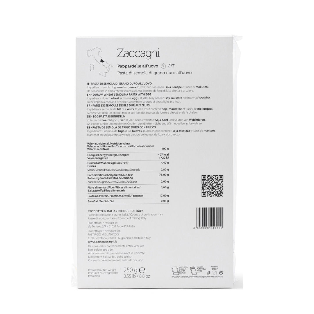 Learn more about the nutritional information for Pasta Zaccagni egg pappardelle