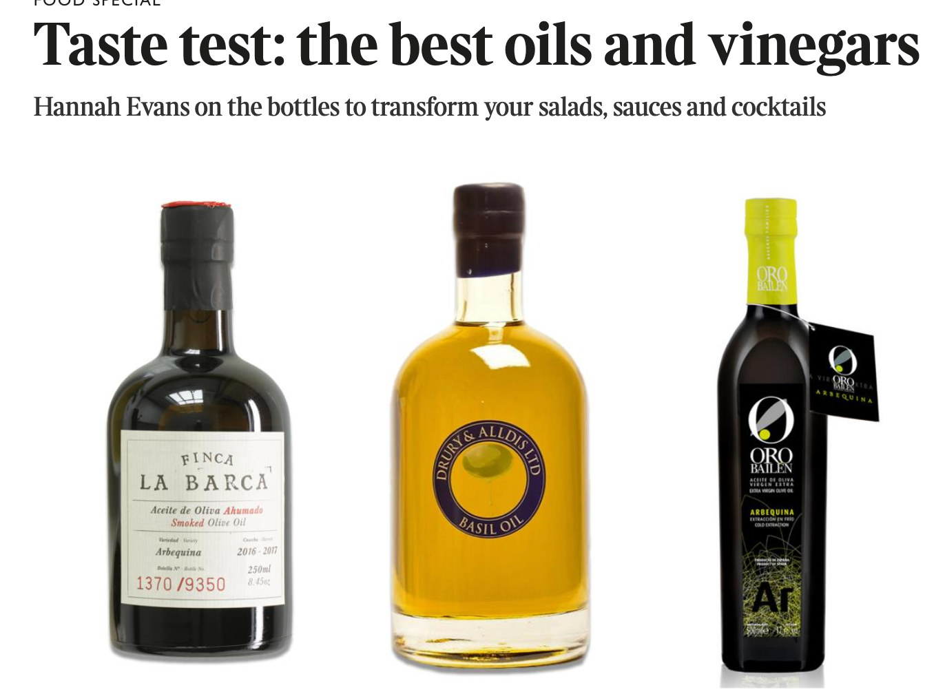 Oro Bailen Arbequina is featured in the Times Selection of the Best Olive Oils in the UK buy the best olive oil in the UK online