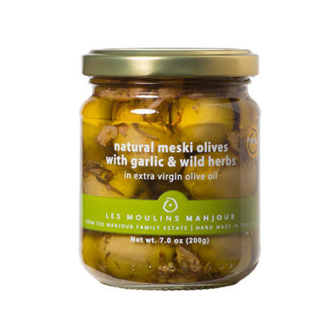 Moulins Mahjoub organic Meski green olives with garlic and wild herbs 200g