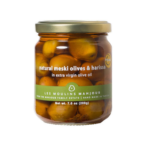Moulins Mahjoub Organic Natural meski green olives with harissa