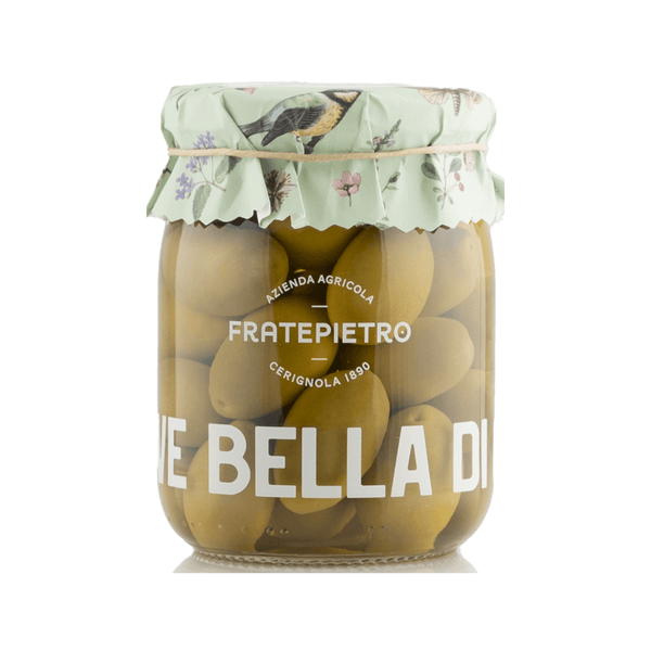 Fratepietro Bella di Cerignola Green olives in Brine and glass jar