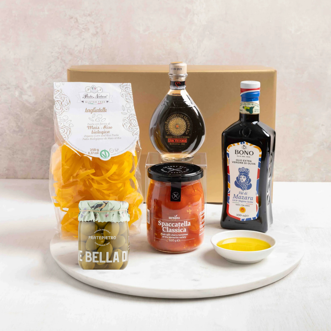 Buy our gourmet Italian Hampers with award-winning olive oil, balsamic vinegar and gluten free pasta
