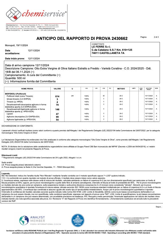 Le Ferre Coratina Extra Virgin olive oil 3 litres tin - Artisan Olive Oil Company
