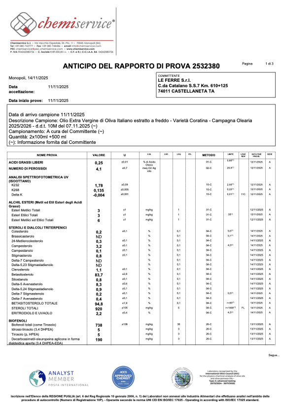 Le Ferre Coratina Extra Virgin Olive Oil 500ml - Artisan Olive Oil Company