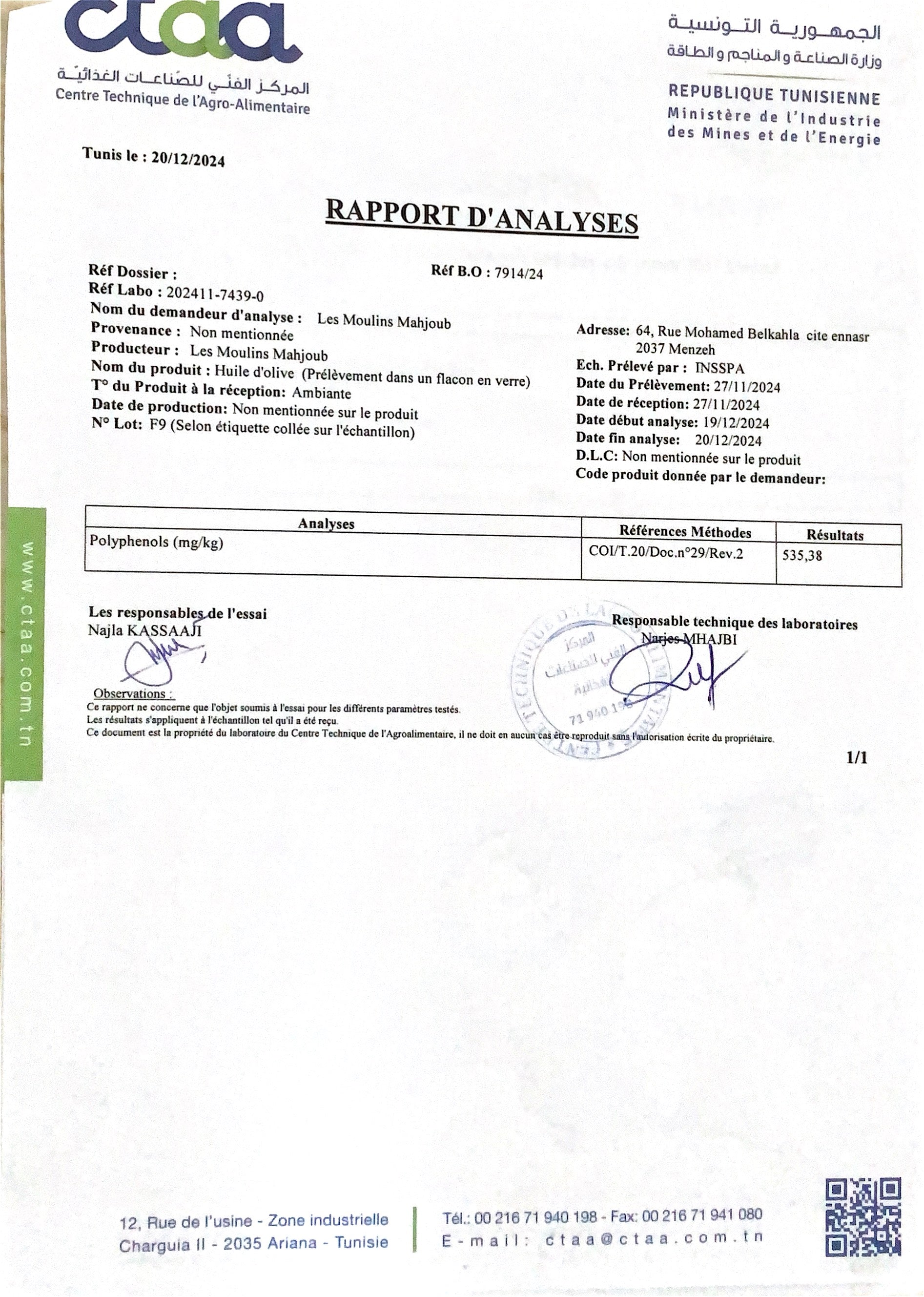 View the chemical analysis of the Moulins Mahjoub organic olive oil