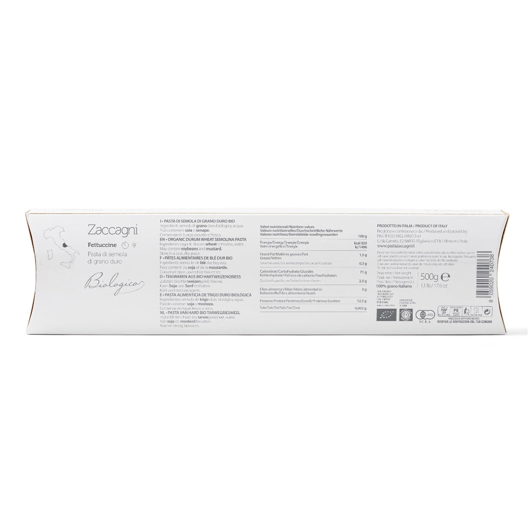 Learn more about the nutritional information for Pasta Zaccagni's artisan organic fettucine